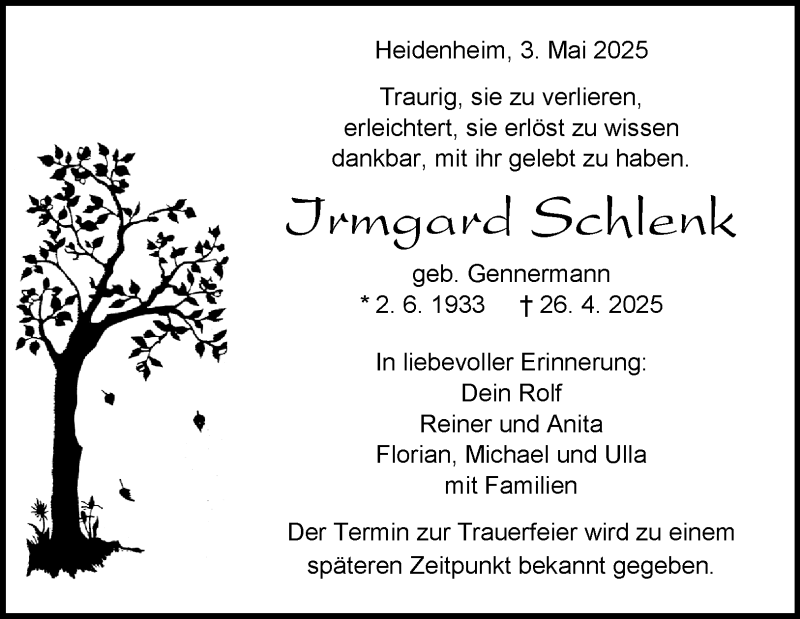  Traueranzeige für Irmgard Schlenk vom 03.05.2025 aus Heidenheimer Zeitung