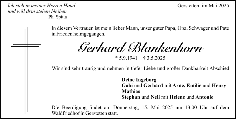  Traueranzeige für Gerhard Blankenhorn vom 10.05.2025 aus Heidenheimer Zeitung
