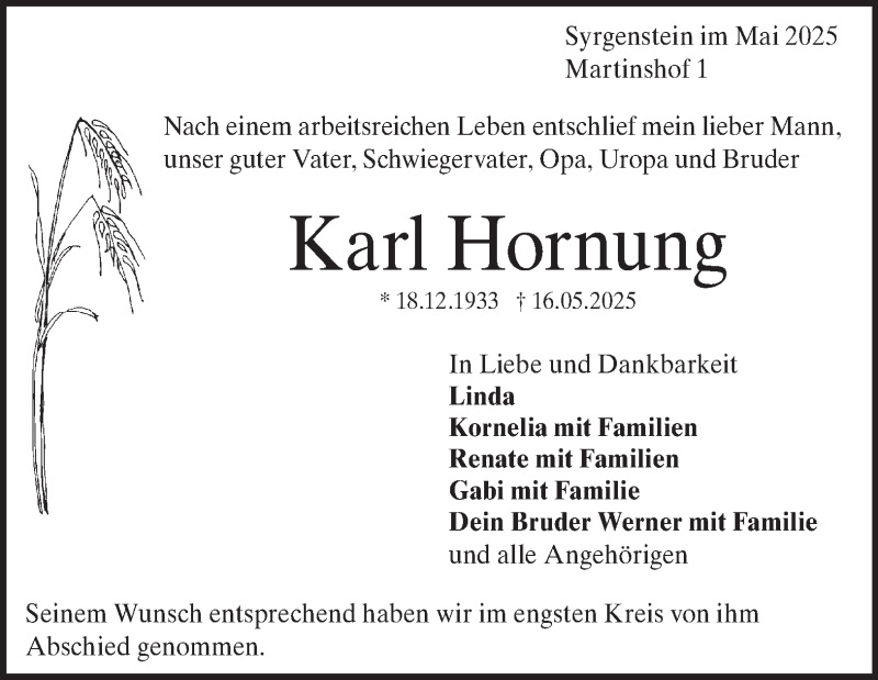  Traueranzeige für Karl Hornung vom 31.05.2025 aus Heidenheimer Zeitung
