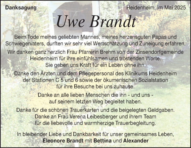 Traueranzeige für Uwe Brandt vom 10.05.2025 aus Heidenheimer Zeitung