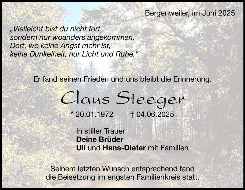  Traueranzeige für Claus Steeger vom 18.06.2025 aus Heidenheimer Zeitung