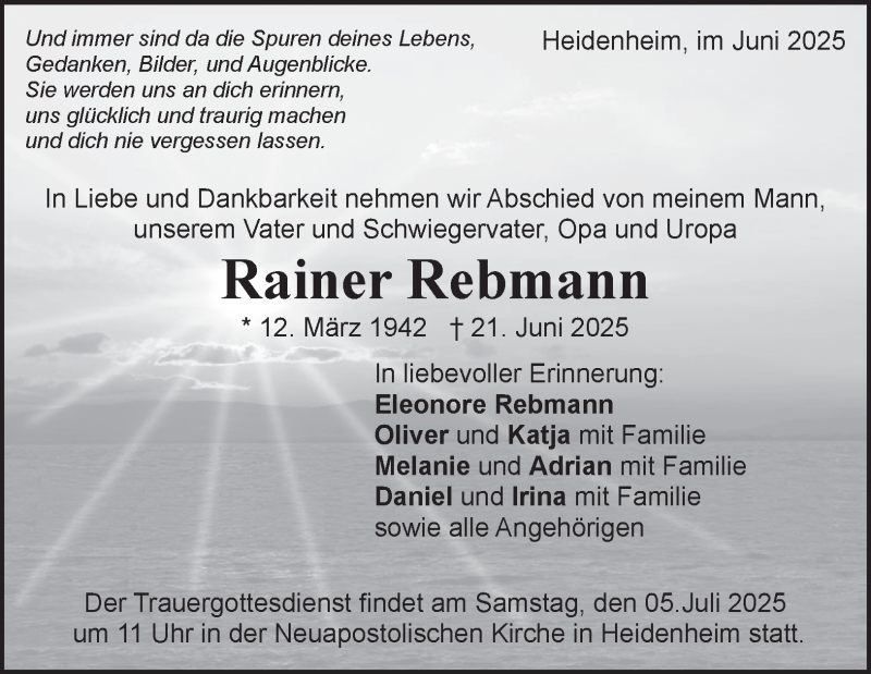  Traueranzeige für Rainer Rebmann vom 28.06.2025 aus Heidenheimer Zeitung