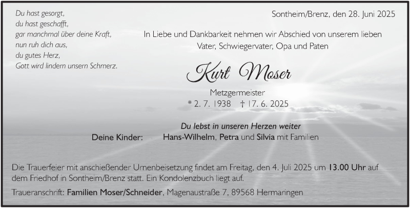  Traueranzeige für Kurt Moser vom 28.06.2025 aus Heidenheimer Zeitung