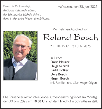 Traueranzeige von Roland Bosch von Heidenheimer Zeitung
