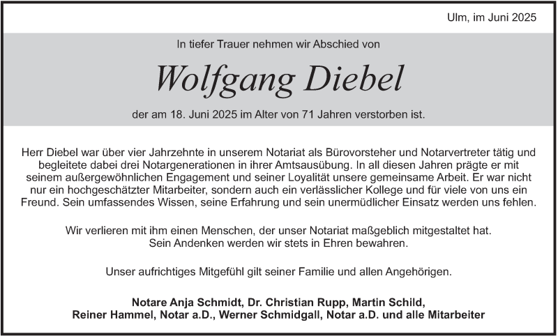  Traueranzeige für Wolfgang Diebel vom 26.06.2025 aus Heidenheimer Zeitung