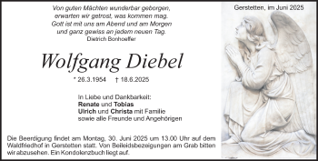 Traueranzeige von Wolfgang Diebel von Heidenheimer Zeitung