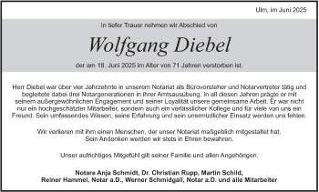 Traueranzeige von Wolfgang Diebel von Heidenheimer Zeitung