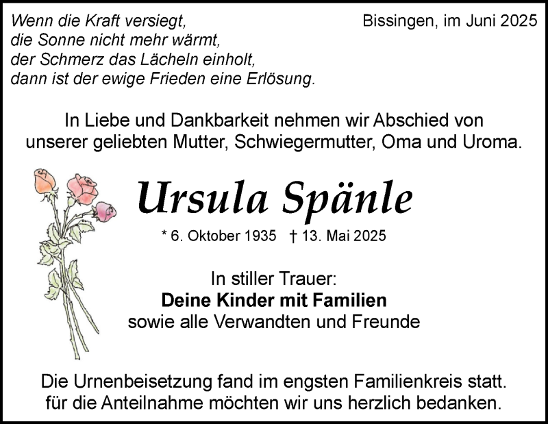  Traueranzeige für Ursula Spänle vom 03.06.2025 aus Heidenheimer Zeitung