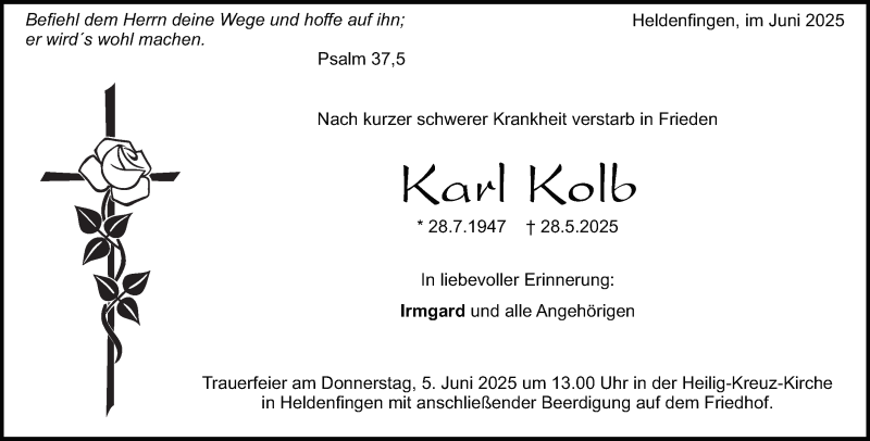  Traueranzeige für Karl Kolb vom 03.06.2025 aus Heidenheimer Zeitung