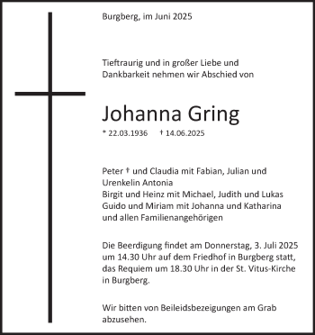 Traueranzeige von Johanna Gring von Heidenheimer Zeitung