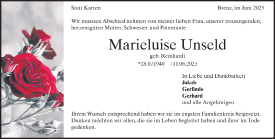 Traueranzeige von Marieluise Unseld 