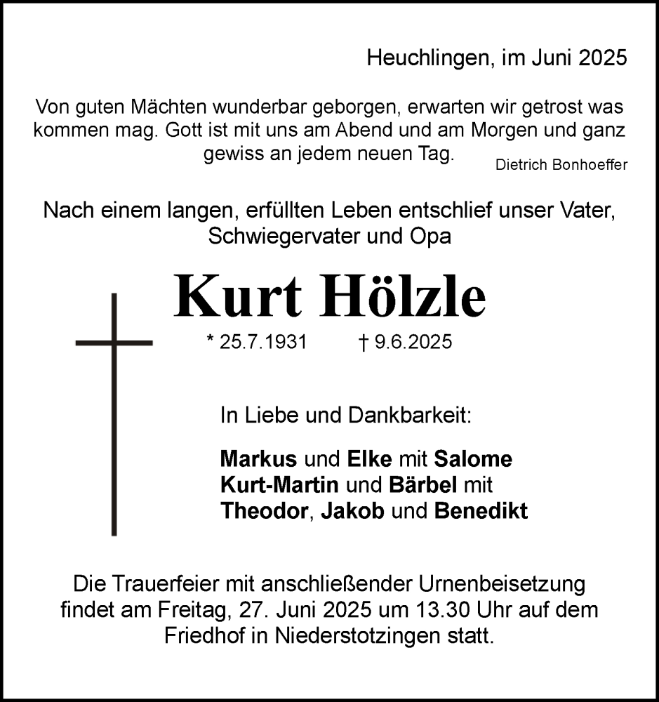  Traueranzeige für Kurt Holzle vom 24.06.2025 aus 