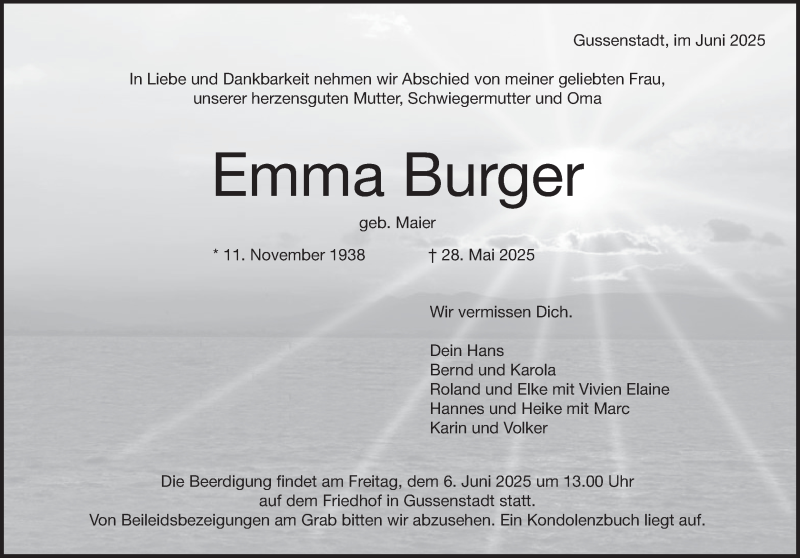  Traueranzeige für Emma Burger vom 04.06.2025 aus Heidenheimer Zeitung