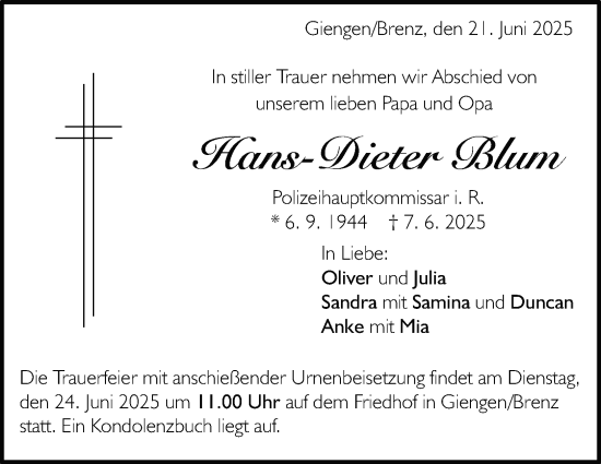 Traueranzeige von Hans-Dieter Blum 