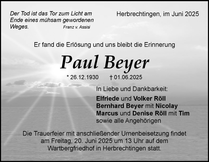  Traueranzeige für Paul Beyer vom 14.06.2025 aus Heidenheimer Zeitung