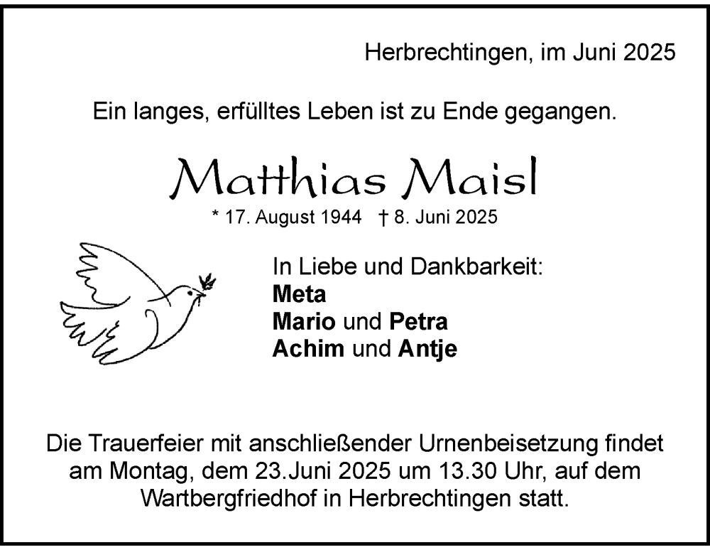  Traueranzeige für Matthias Maisl vom 20.06.2025 aus 