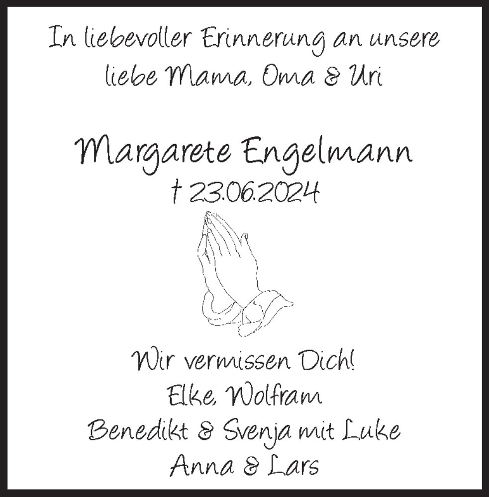  Traueranzeige für Margarete Engelmann vom 24.06.2025 aus 