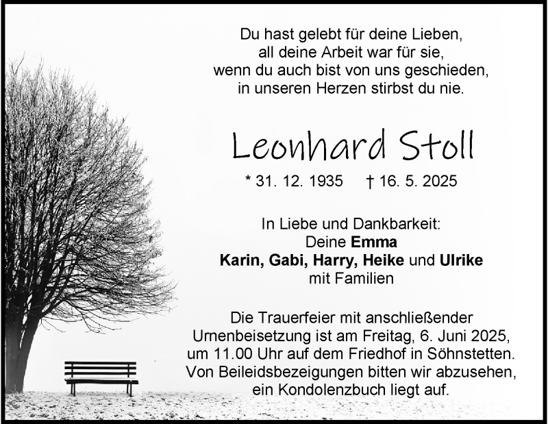  Traueranzeige für Leonhard Stoll vom 04.06.2025 aus Heidenheimer Zeitung