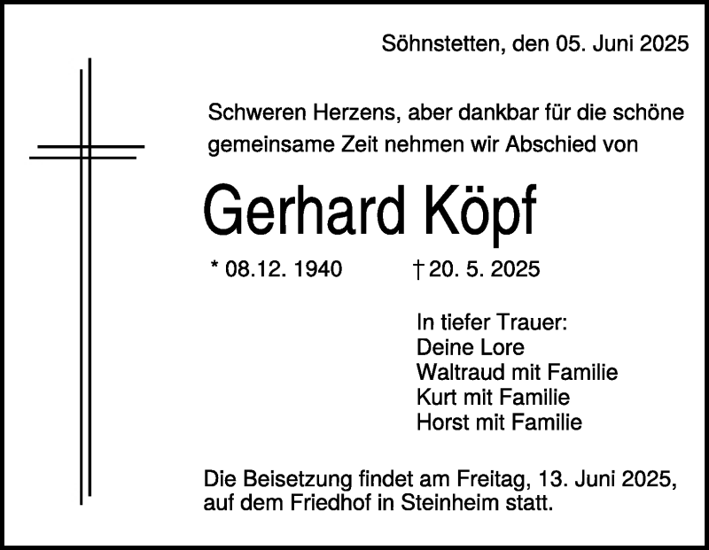  Traueranzeige für Gerhard Köpf vom 05.06.2025 aus Heidenheimer Zeitung