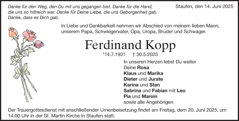  Traueranzeige für Ferdinand Kopp vom 14.06.2025 aus Heidenheimer Zeitung