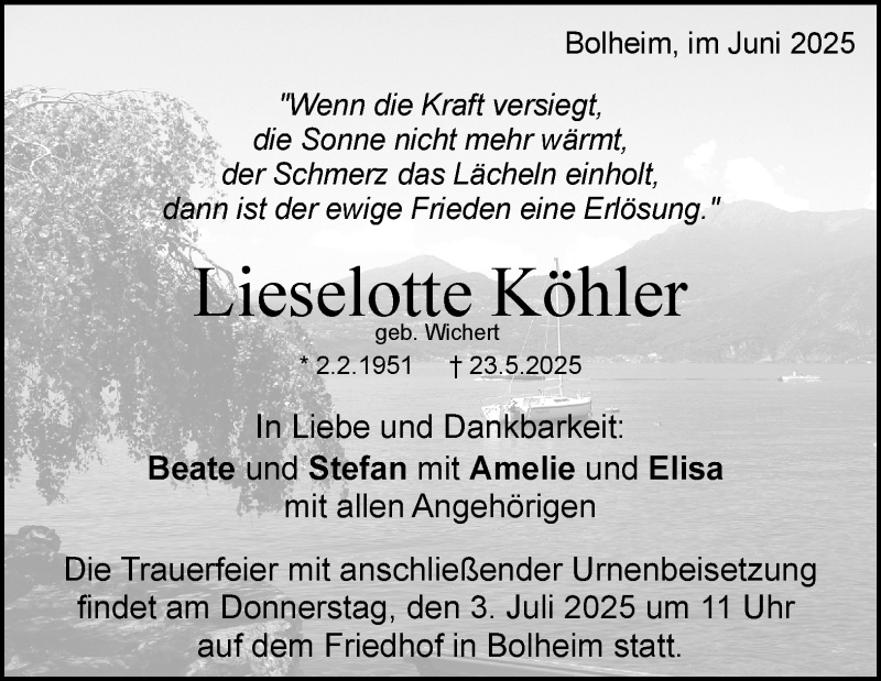  Traueranzeige für Liselotte Köhler vom 05.06.2025 aus Heidenheimer Zeitung