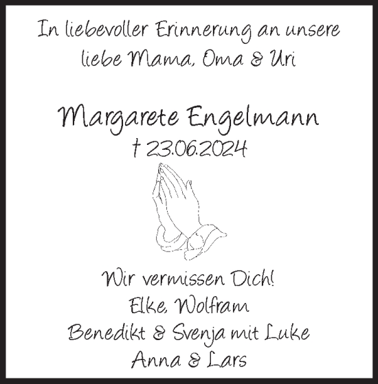 Traueranzeige von Margarete Engelmann 