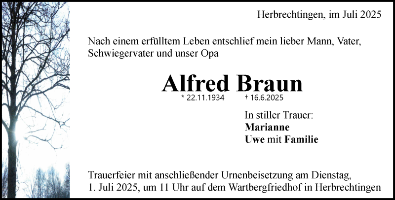  Traueranzeige für Alfred Braun vom 25.06.2025 aus Heidenheimer Zeitung