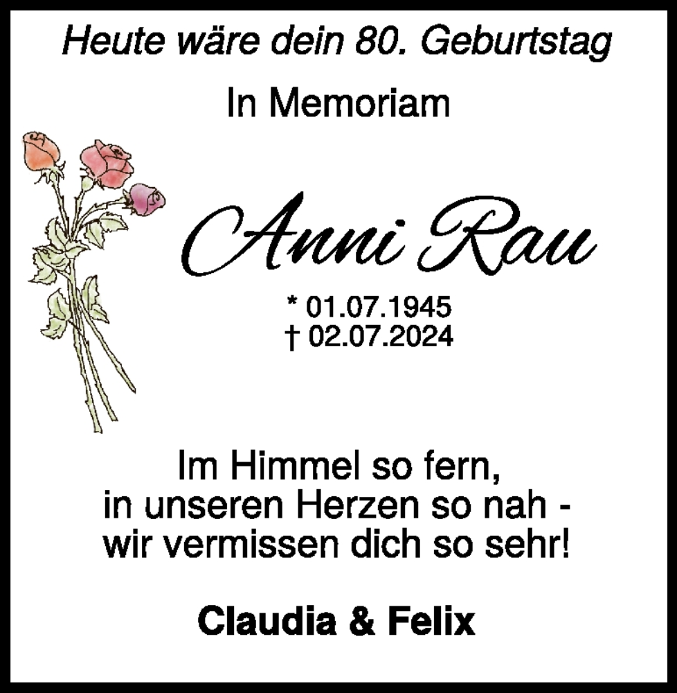  Traueranzeige für Anna Rau vom 01.07.2025 aus 
