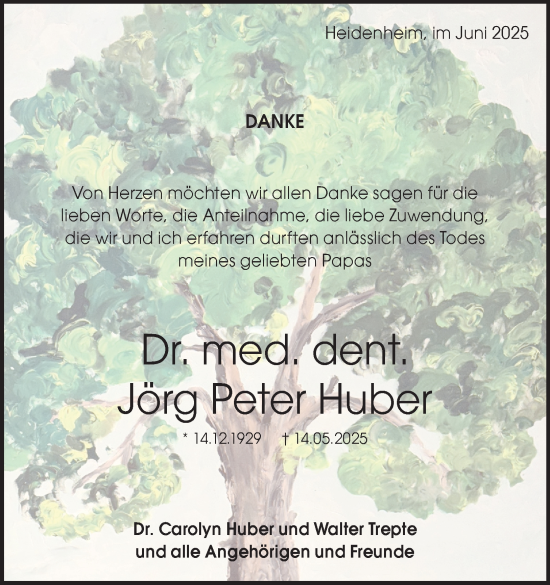 Traueranzeige von Dr. med. dent. Jörg Peter Huber 