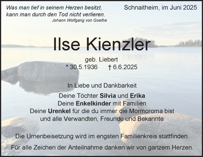  Traueranzeige für Ilse Kienzler vom 14.06.2025 aus Heidenheimer Zeitung
