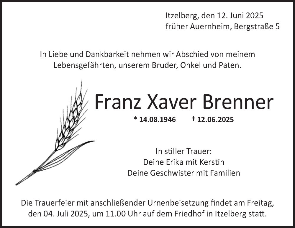  Traueranzeige für Franz Xaver Benner vom 30.06.2025 aus 
