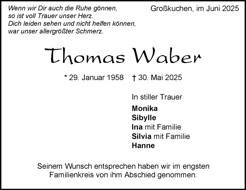  Traueranzeige für Thomas Waber vom 18.06.2025 aus Heidenheimer Zeitung