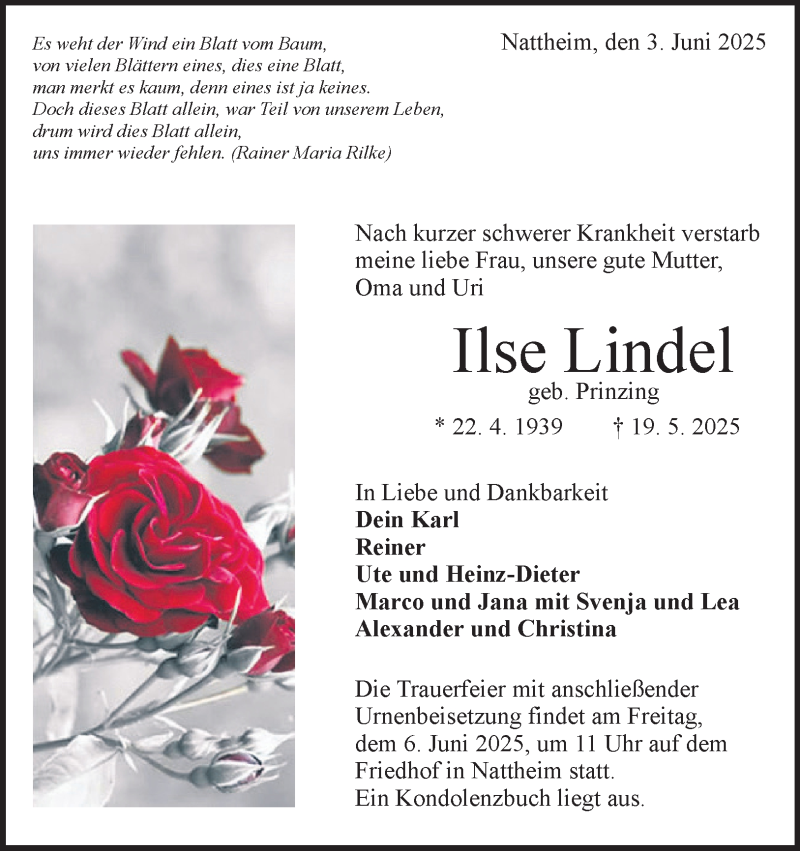  Traueranzeige für Ilse Lindel vom 03.06.2025 aus Heidenheimer Zeitung