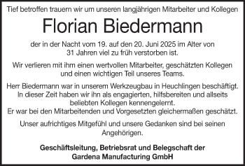 Traueranzeige von Florian Biedermann von Heidenheimer Zeitung