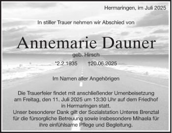 Traueranzeige von Annemarie Dauner von Heidenheimer Zeitung