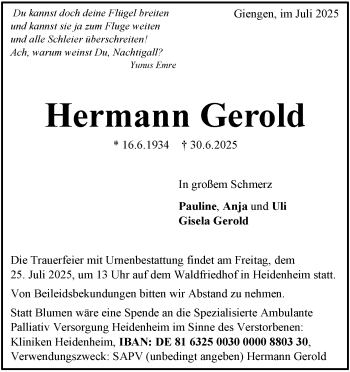Traueranzeige von Hermann Gerold von Heidenheimer Zeitung