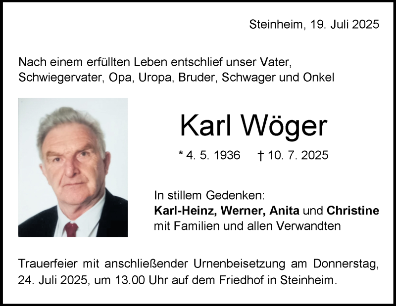  Traueranzeige für Karl Wöger vom 19.07.2025 aus Heidenheimer Zeitung