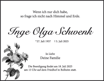 Traueranzeige von Inge Olga Schwenk von Heidenheimer Zeitung