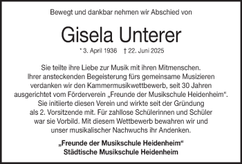 Traueranzeige von Gisela Unterer von Heidenheimer Zeitung