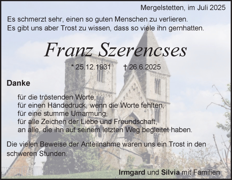  Traueranzeige für Franz Szerencses vom 12.07.2025 aus Heidenheimer Zeitung