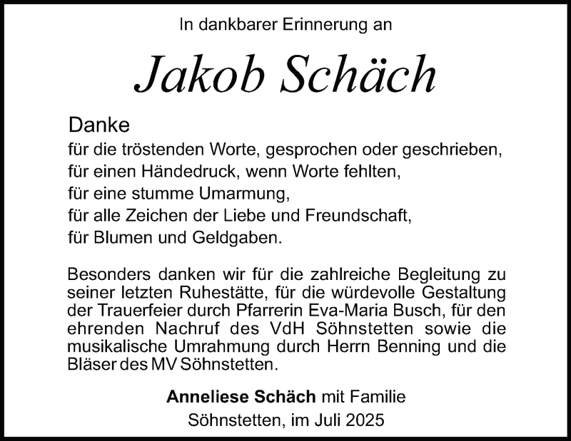  Traueranzeige für Jakob Schäch vom 18.07.2025 aus Heidenheimer Zeitung