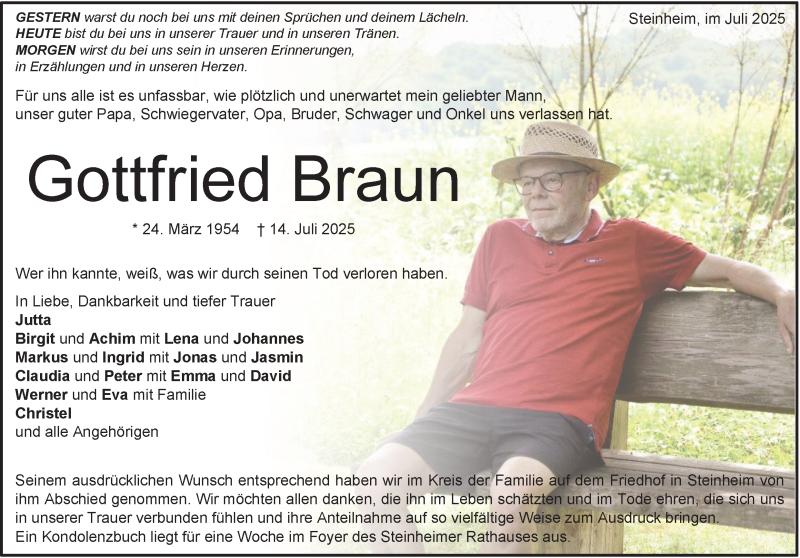  Traueranzeige für Gottfried Braun vom 23.07.2025 aus Heidenheimer Zeitung