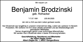 Traueranzeige von Benjamin Brodzinski von Heidenheimer Zeitung