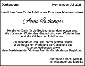 Traueranzeige von Anni Ischinger von Heidenheimer Zeitung