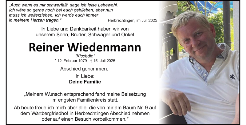  Traueranzeige für Reiner Wiedenmann vom 26.07.2025 aus Heidenheimer Zeitung