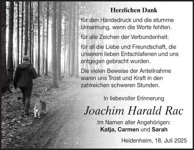  Traueranzeige für Joachim Rac vom 18.07.2025 aus Heidenheimer Zeitung