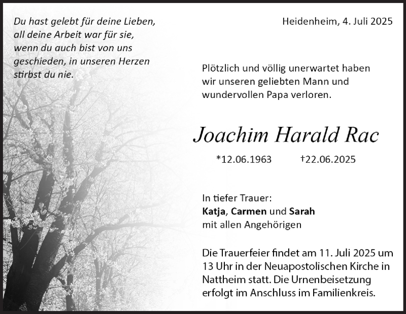  Traueranzeige für Joachim Rac vom 04.07.2025 aus Heidenheimer Zeitung