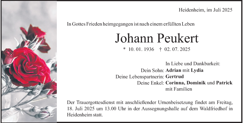  Traueranzeige für Johann Peukert vom 12.07.2025 aus Heidenheimer Zeitung
