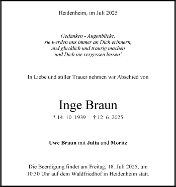 Traueranzeige von Inge Braun von Heidenheimer Zeitung