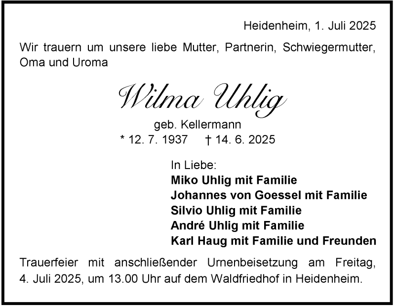  Traueranzeige für Wilma Uhlig vom 01.07.2025 aus Heidenheimer Zeitung